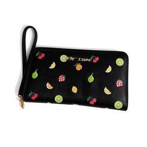 NWT Betsy Johnson Black Embroidered Fruit Cherry Print Pattern Wristlet